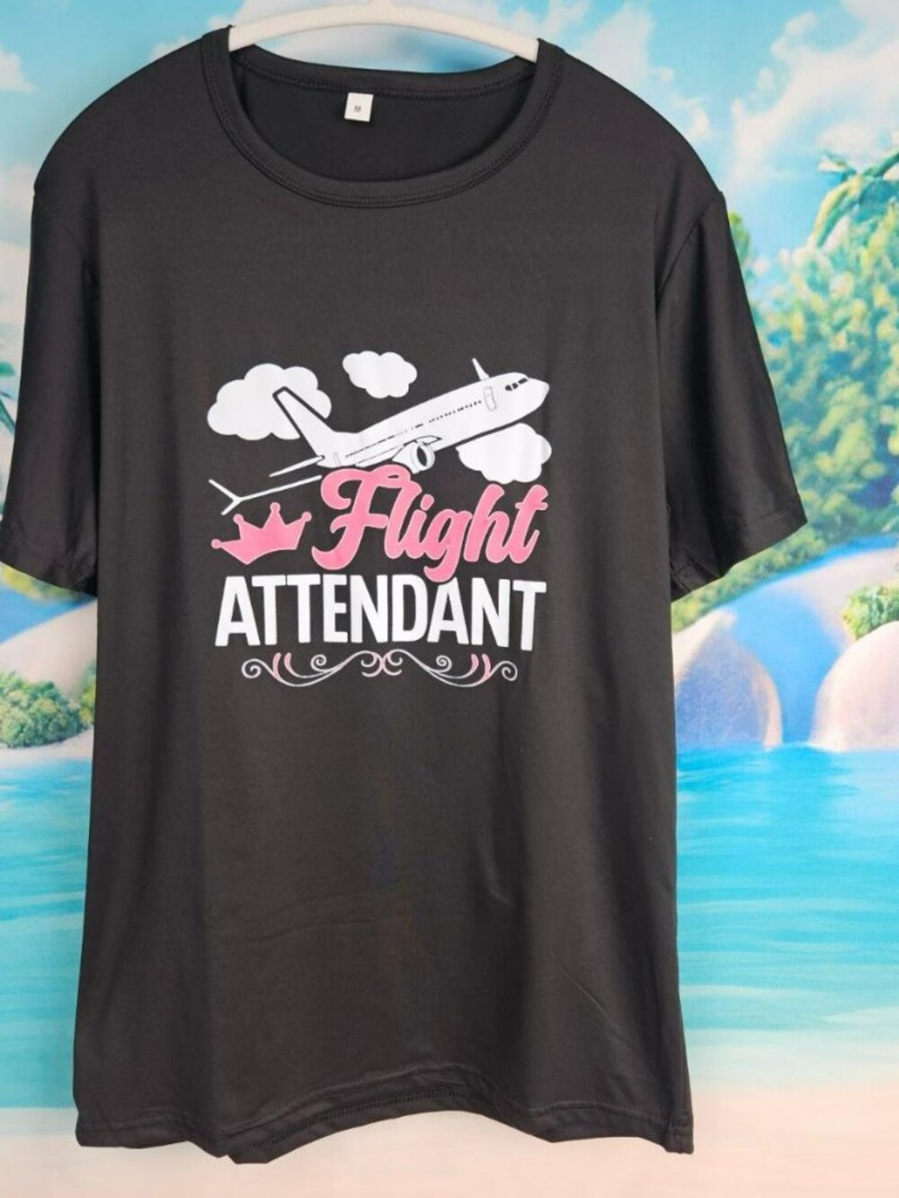 Flight Attendant Graphic Tee Unisex Womens Casual Black T-Shirt Mens M Flight